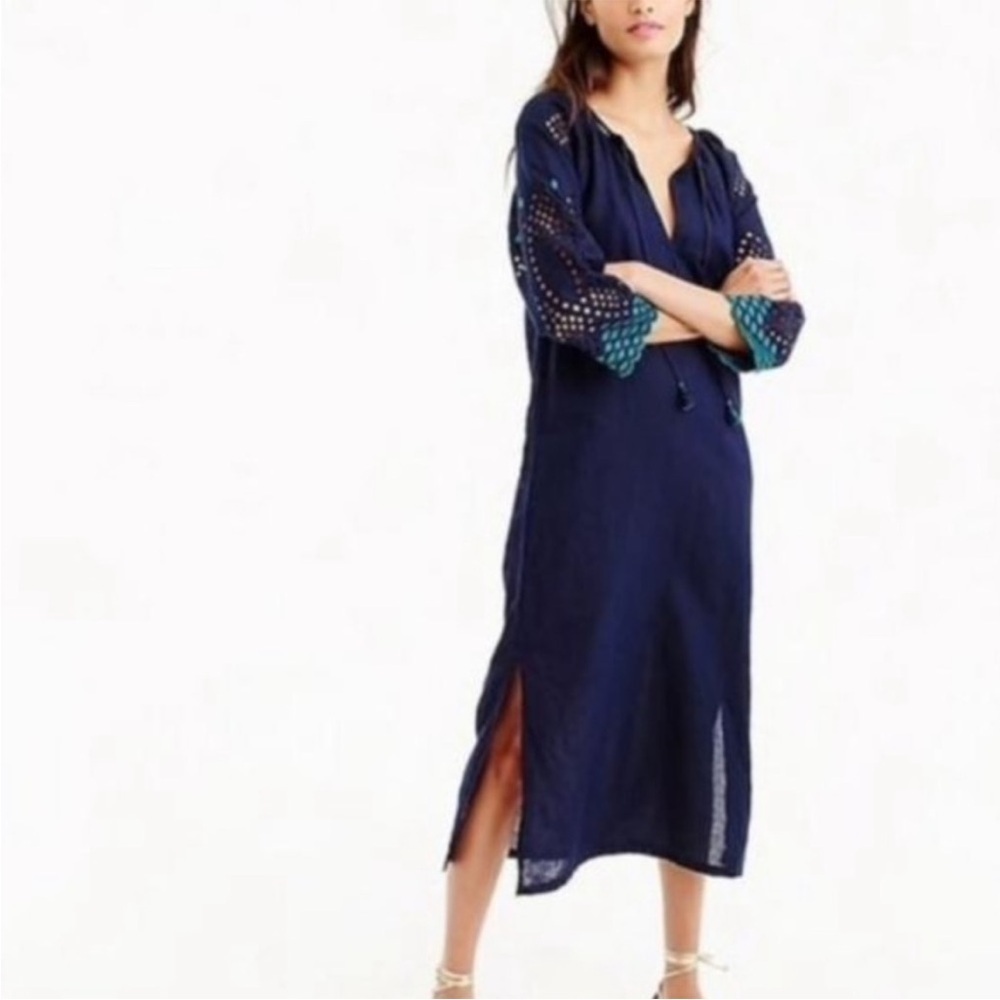 J. Crew Linen Blend Eyelet Caftan Embroidered Beach Cover-up Maxi Dress Small